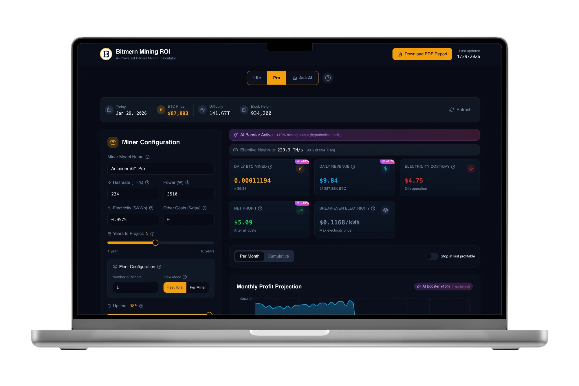 Bitmern mining calculator on laptop