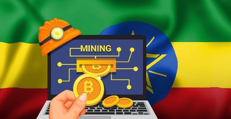 Ethiopia bitcoin mining hydropower concept image showing the Grand Ethiopian Renaissance Dam and industrial bitcoin mining racks powered by renewable electricity.