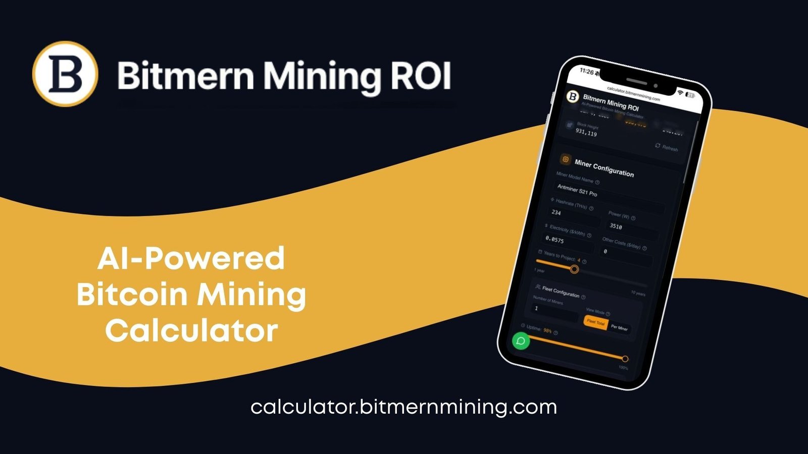 Bitcoin mining ROI calculator dashboard showing Antminer S21 Pro projections, electricity cost per kWh, uptime, difficulty, halving schedule, and net profit estimates